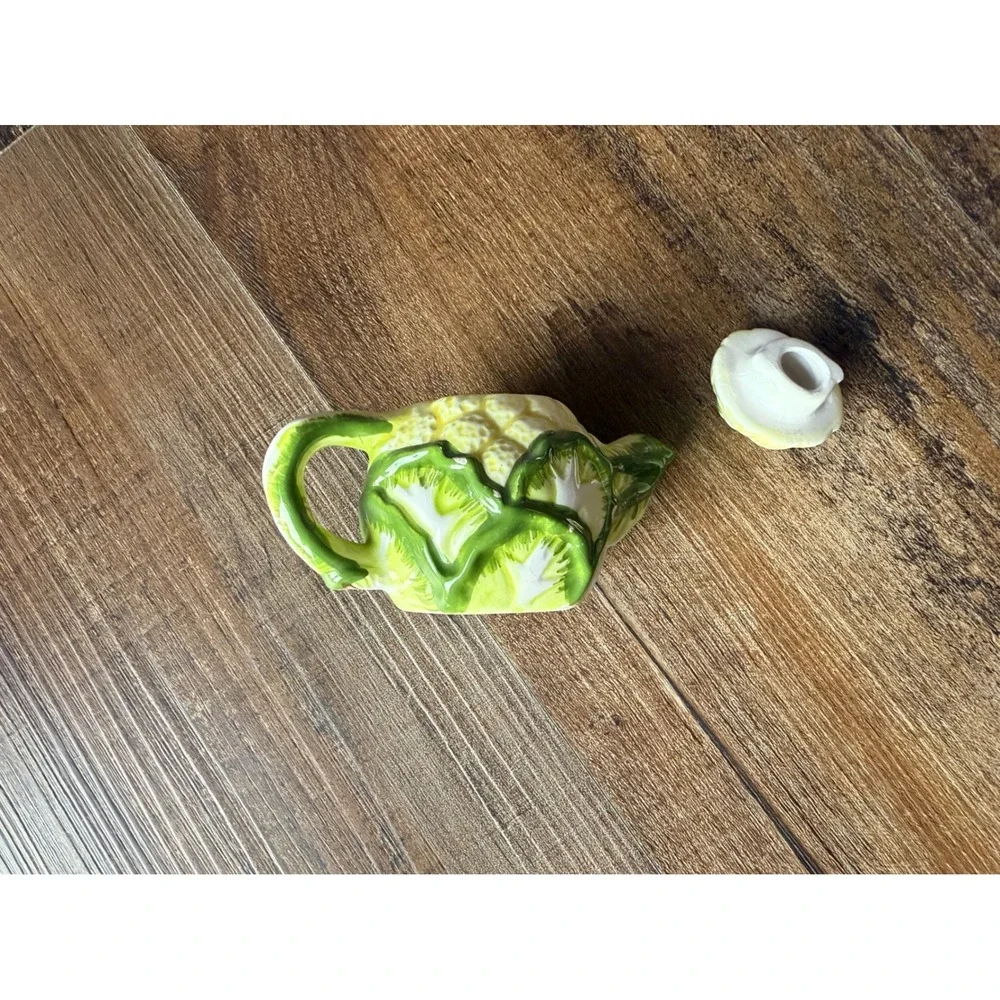 Miniature Cauliflower Ceramic Teapot Green and Cream Vegetable Novelty Decor